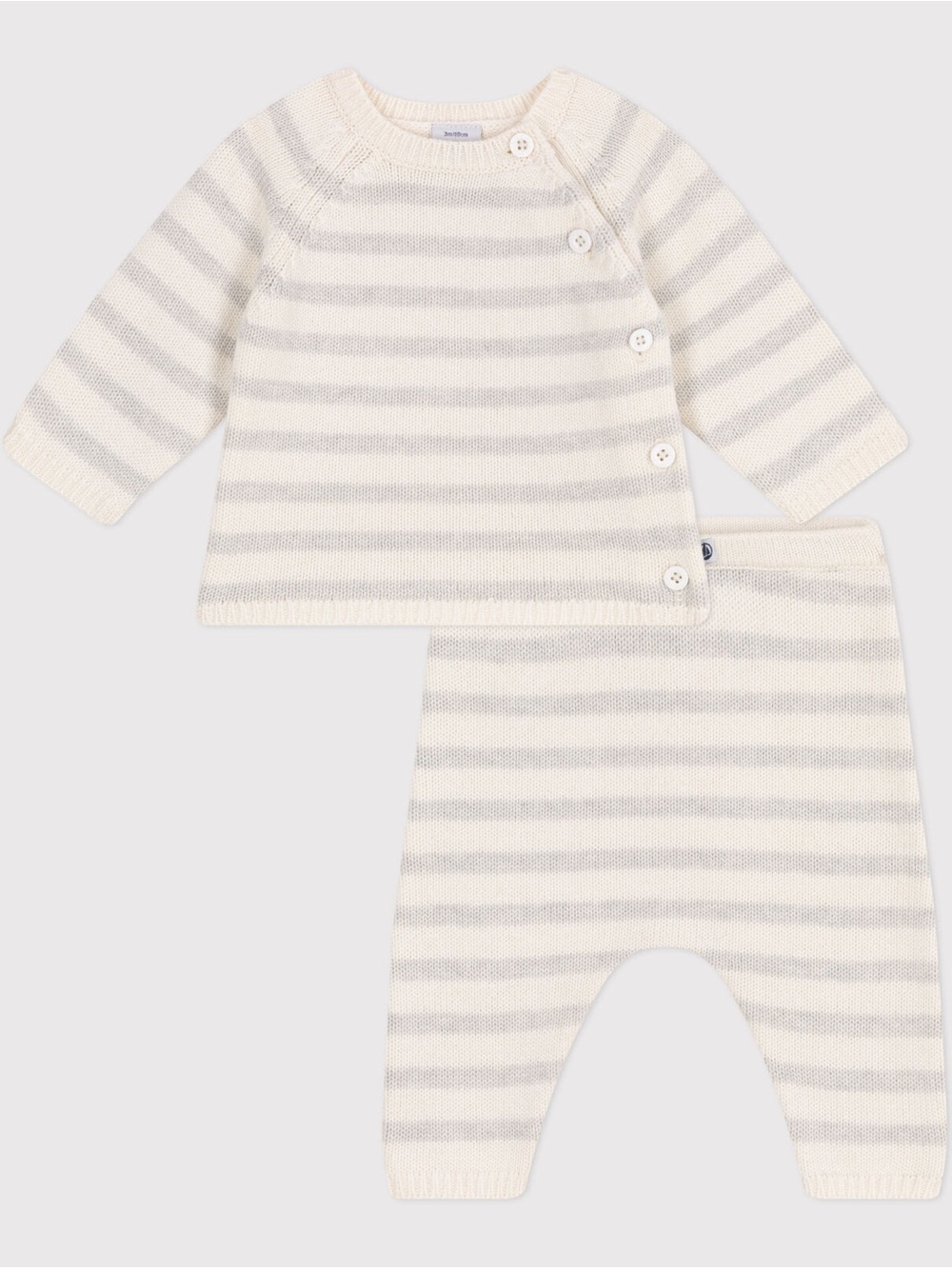 Striped Wool/Cotton Knit Baby 2-Piece Set - Cream & Light Gray - 12M (74cm)